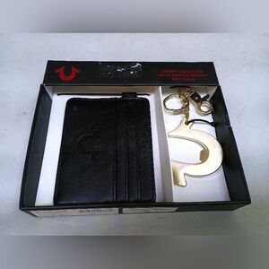 True Religion Black Card Holder with Gold Keychain Set